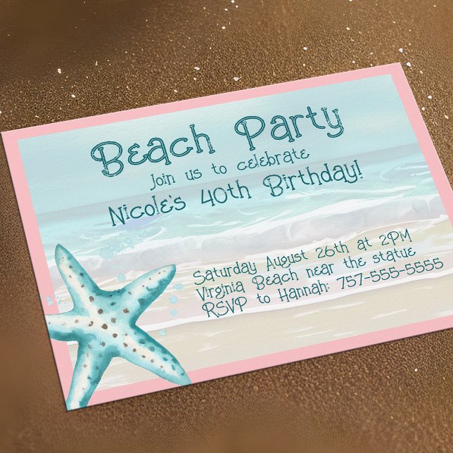 Invitation Fête de plage étoile de mer aqua et rose aquarelle (Starfish beach party invitations, cheerful & casual for Summer fun)