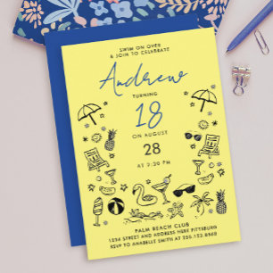 Invitation Fête de plage jaune bleu amusante Été gribouillis