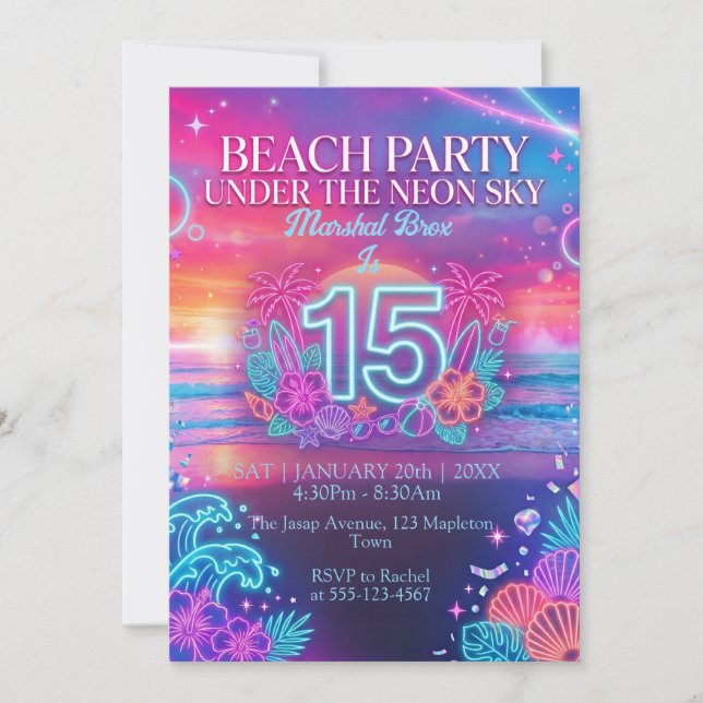 Invitation Fête de plage néon pour 15 ans  (Devant)