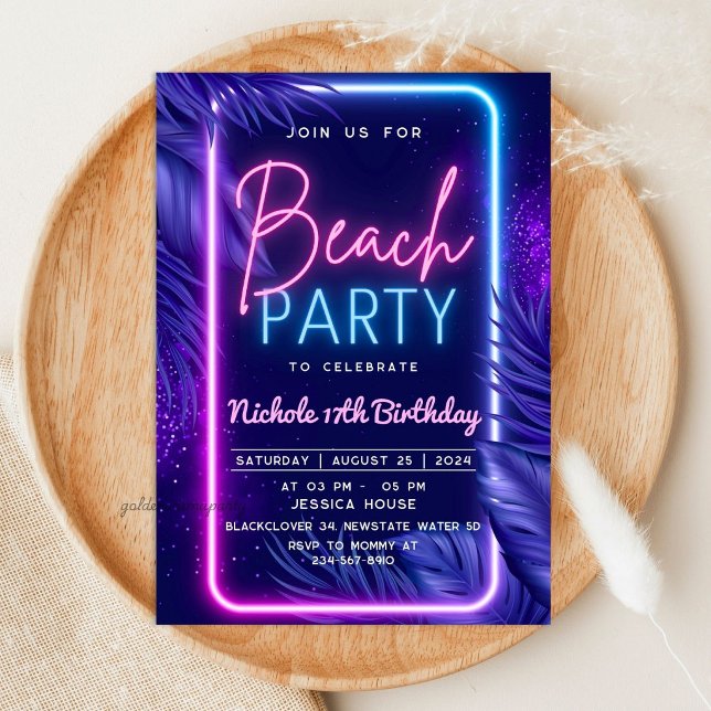 Invitation Fête de plage néon tropicale (Tropical Neon Beach Party Invitation
)