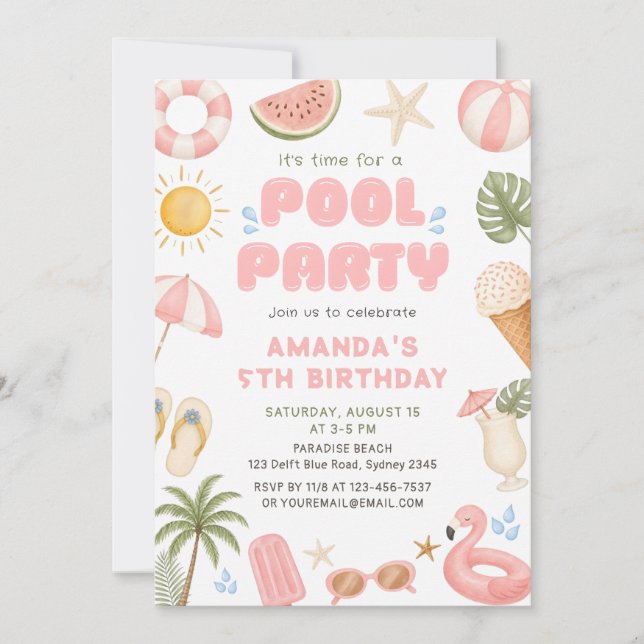 Invitation Fête de plage Party d'été d'anniversaire à la pisc (Devant)