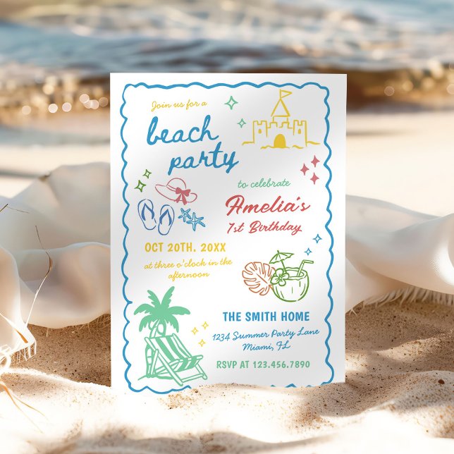 Invitation Fête de plage personnalisée dessinée à la main pou (Créateur téléchargé)