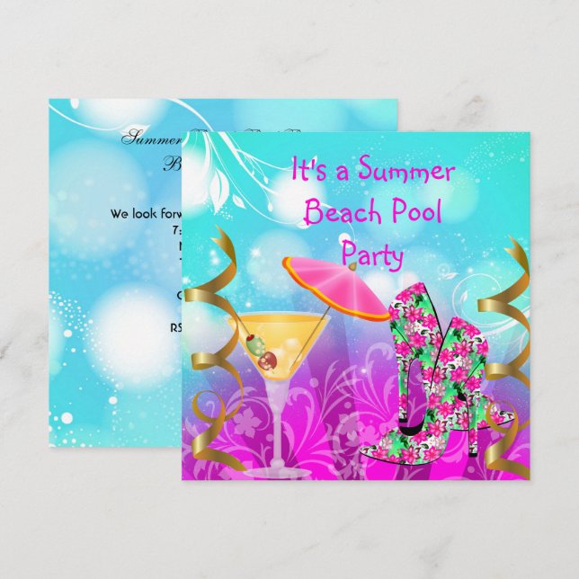 Invitation Fête de plage piscine rose sarcelle d'été (Devant / Derrière)