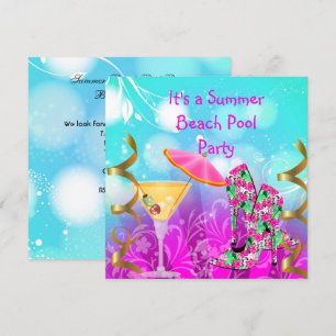 Invitation Fête de plage piscine rose sarcelle d'été
