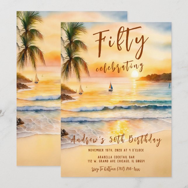 Invitation Fête de plage pour les 50 ans d'un homme (Devant / Derrière)