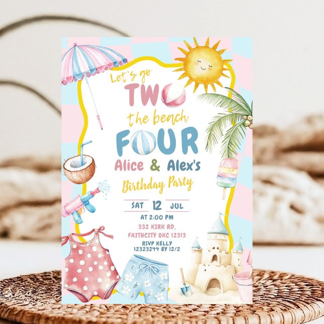 Invitation Fête de plage rose et bleue funky pour frères et s (Créateur téléchargé)