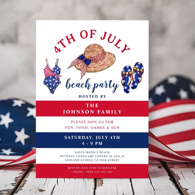 Invitation Fête de plage rouge blanc et bleu 4 juillet (Red White And Blue Beach Party 4th Of July Invitation)