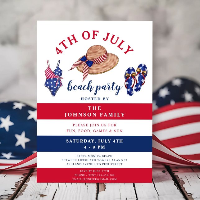 Invitation Fête de plage rouge blanc et bleu 4 juillet (Red White And Blue Beach Party 4th Of July Invitation
)