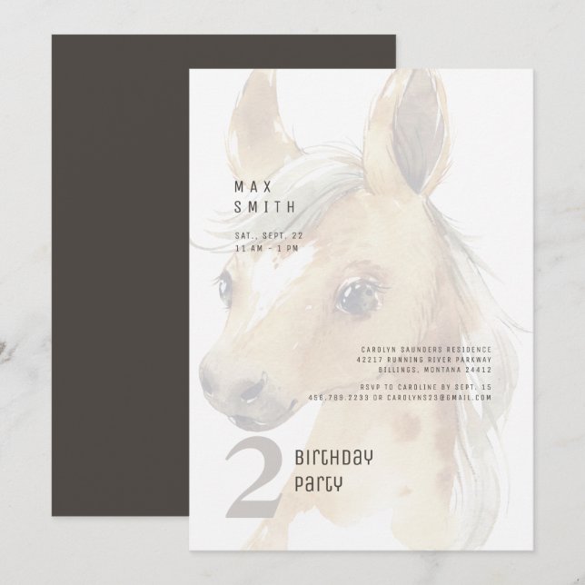 Invitation Fête de poney aquarelle pour 2ème anniversaire (Devant / Derrière)
