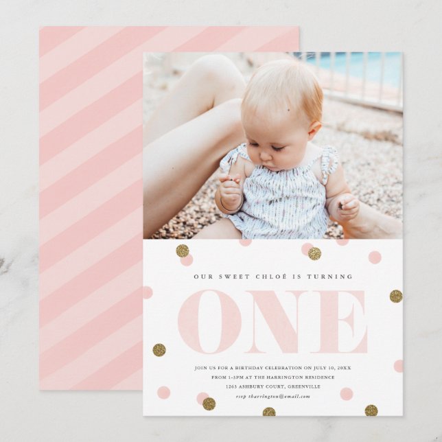 Invitation Fête de premier anniversaire avec confettis rose e (Devant / Derrière)