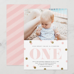 Invitation Fête de premier anniversaire avec confettis rose e