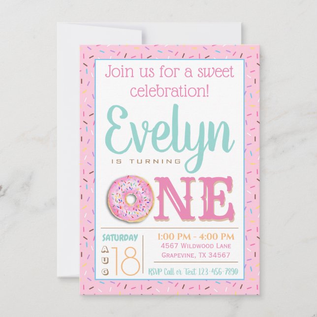 Invitation Fête de premier anniversaire avec un donut mignon (Devant)