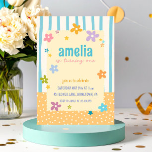 Invitation Fête de premier anniversaire bébé fleurs rayures c