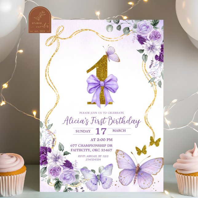 Invitation Fête de premier anniversaire Bow Coquette papillon (Créateur téléchargé)