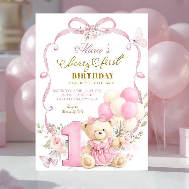 Invitation Fête de premier anniversaire Coquette avec nœud fl (Créateur téléchargé)
