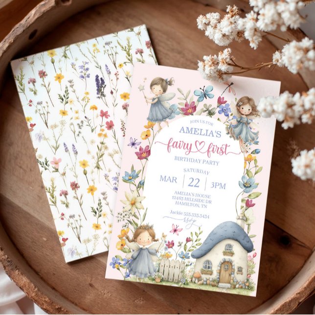 Invitation Fête de premier anniversaire de fée de fleur sauva (Whimsical Wildflower Fairy First Birthday Party Invitation)