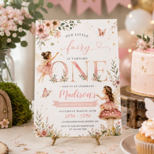 Invitation Fête de premier anniversaire de fée florale rose (Créateur téléchargé)