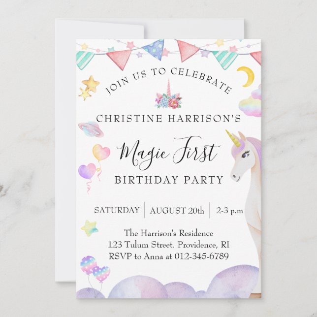 Invitation Fête de premier anniversaire de fille Licorne Magi (Devant)