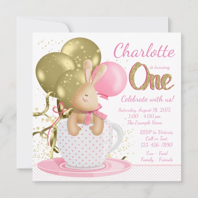 Invitation Fête de premier anniversaire de fille Rose et Or F (Devant)