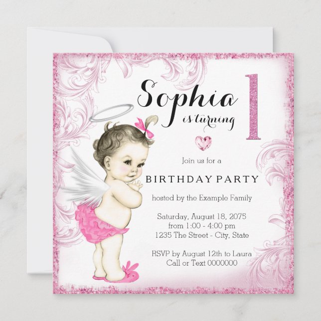 Invitation Fête de premier anniversaire de filles Ange Rose (Devant)