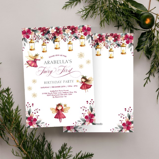 Invitation Fête de premier anniversaire de la fée hivernale f (Whimsical Winter Fairy First Birthday Party Invitation)