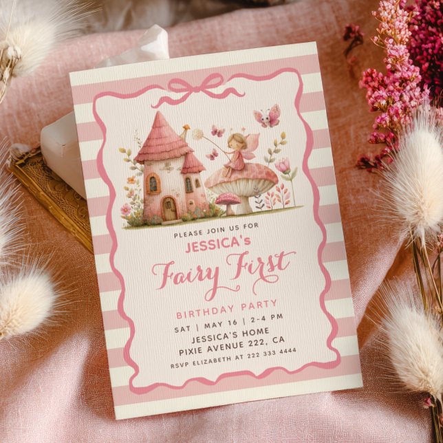 Invitation Fête de premier anniversaire de la fée rose de la  (Créateur téléchargé)