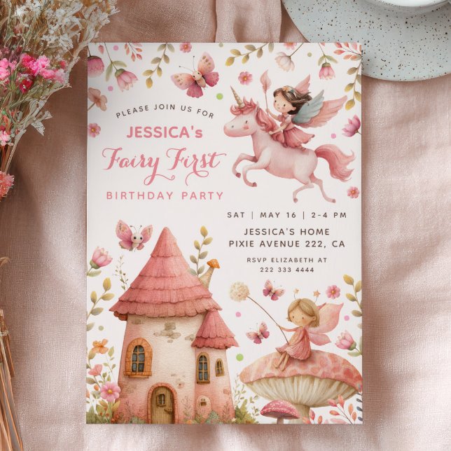 Invitation Fête de premier anniversaire de la fée rose de la  (Créateur téléchargé)