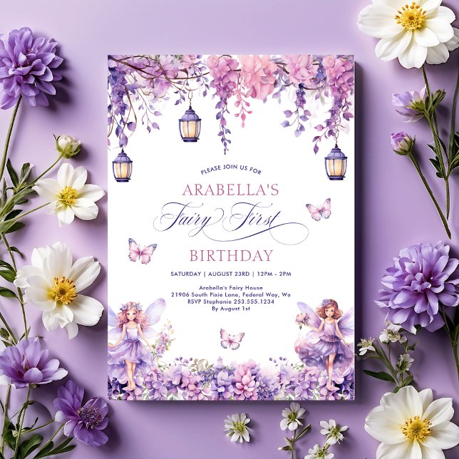 Invitation Fête de premier anniversaire de la féerique pourpr (Lilac Floral Fairy First 1st Birthday Party Invitation)