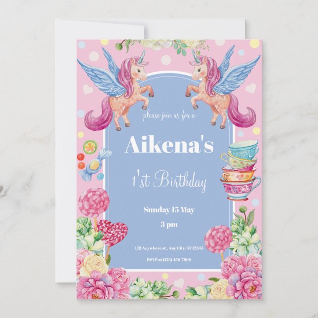 Invitation Fête de premier anniversaire de la licorne magique (Devant)