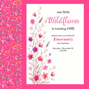 Invitation Fête de premier anniversaire Fleur sauvage rose él