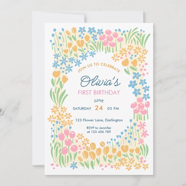 Invitation Fête de premier anniversaire florale fantaisiste (Devant)
