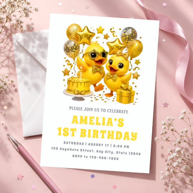 Invitation Fête de premier anniversaire jaune de luxe (Créateur téléchargé)