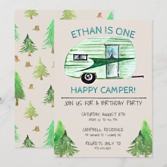 Invitation Fête de premier anniversaire One Happy Camper (Devant / Derrière)