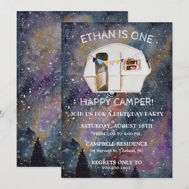 Invitation Fête de premier anniversaire One Happy Camper (Devant / Derrière)