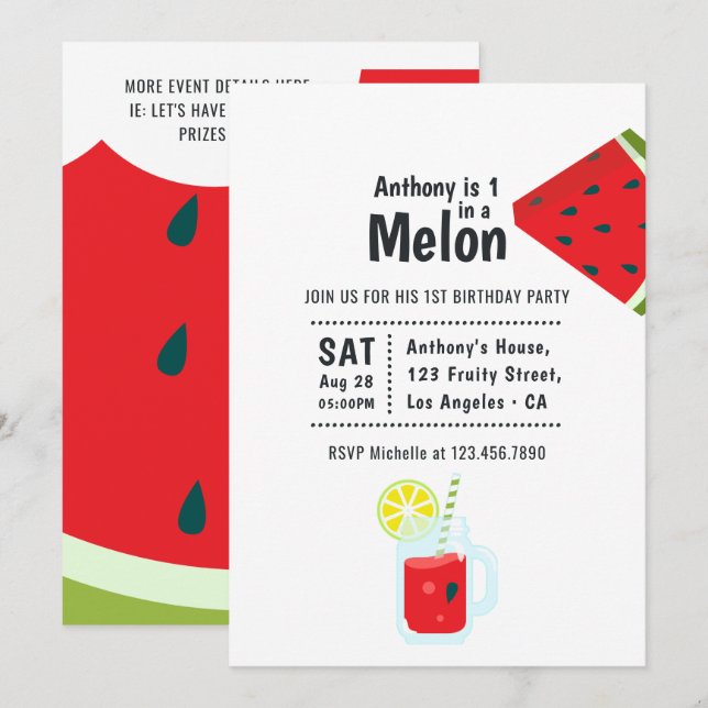 Invitation Fête de premier anniversaire One in a Melon (Devant / Derrière)