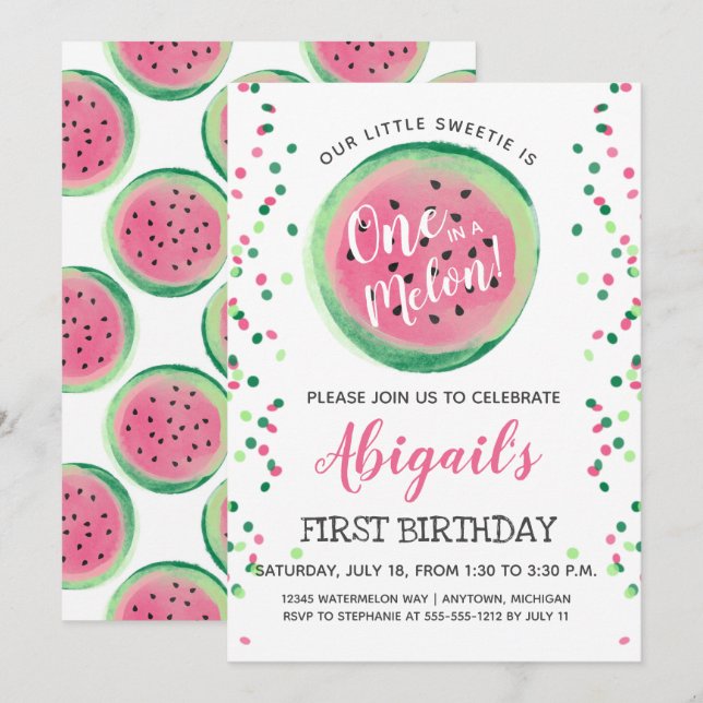 Invitation Fête de premier anniversaire One in a Melon Pastèq (Devant / Derrière)