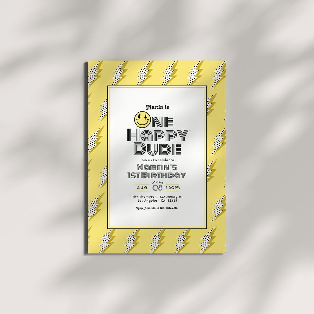 Invitation Fête de premier anniversaire Rétro One Happy Dude (One Happy Dude Retro 1st Birthday Party Invitation)