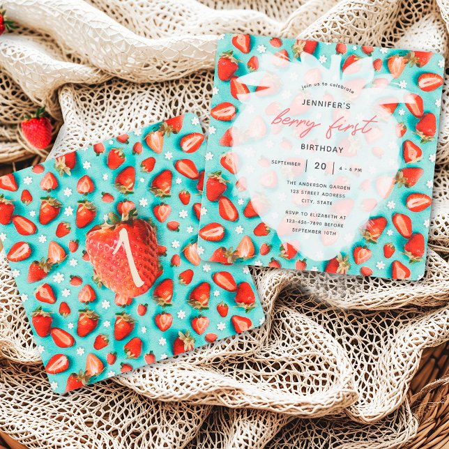 Invitation Fête de premier anniversaire thème fraise florale  (Créateur téléchargé)