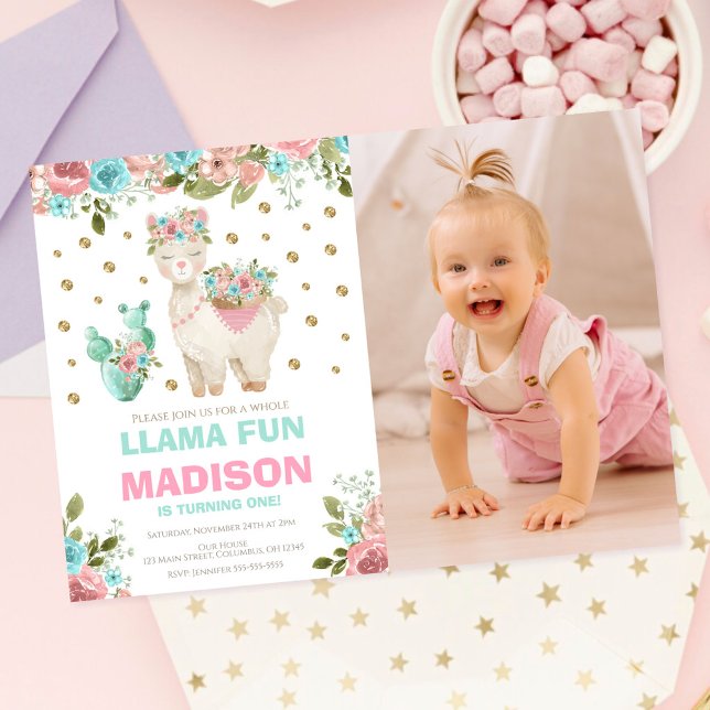 Invitation Fête de première année de fille Fun Pink Mint Flor (Créateur téléchargé)
