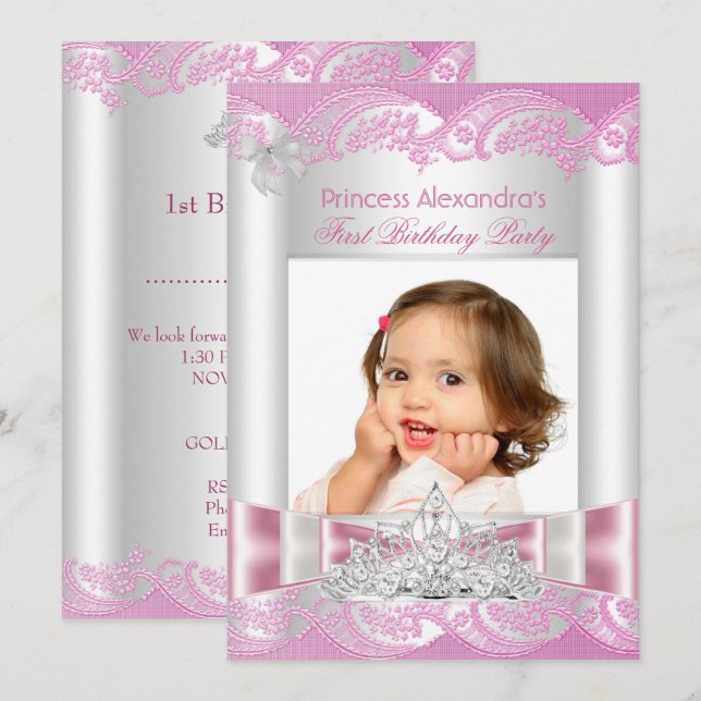 Invitation Fête de première année de petite princesse fille P (Devant / Derrière)