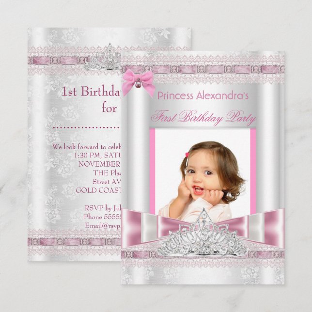 Invitation Fête de première année de petite princesse Photo (Devant / Derrière)
