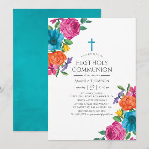 Invitation Fête de première communion florale à l'aquarelle