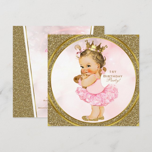 Invitation Fête de Princesse Pailletée Or Rose Bébé Fille Vin (Devant / Derrière)