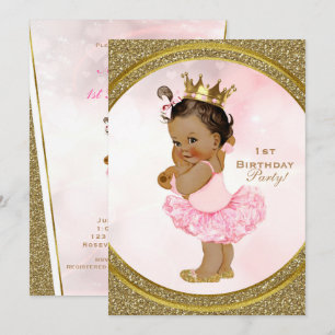 Invitation Fête de Princesse Pailletée Or Rose pour Bébé Fill