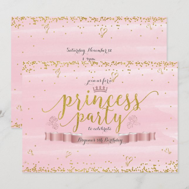 Invitation Fête de Princesse Rose et Cartons d'Invitation d'A (Devant / Derrière)