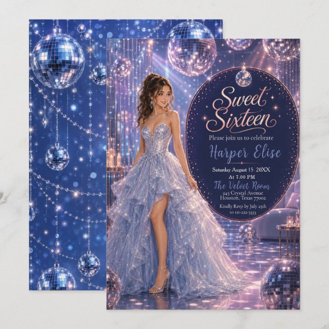 Invitation Fête de Princesse Sweet 16 Disco Bleu (Devant / Derrière)