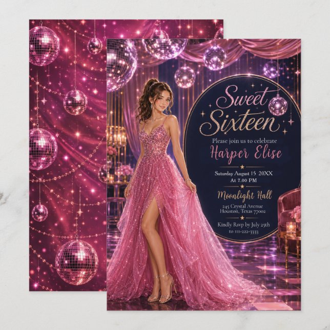 Invitation Fête de Princesse Sweet 16 Rose Disco (Devant / Derrière)