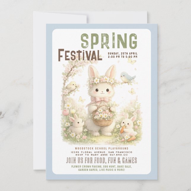 Invitation Fête de printemps Lapin mignon Floral Pâques (Devant)