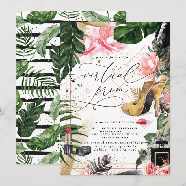 Invitation Fête de Promo Virtuelle | Feuillage d'Été Glamour (Devant / Derrière)