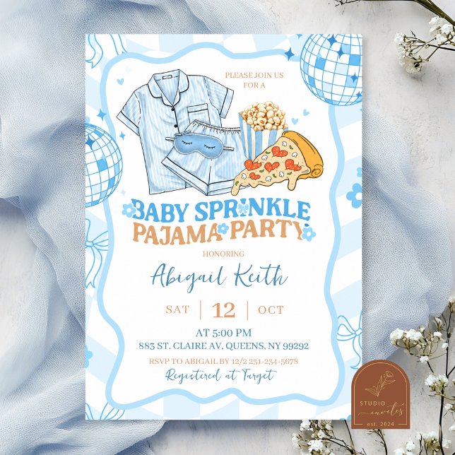 Invitation Fête de pyjama Baby Sprinkle Rétro Pastel Bleu (Créateur téléchargé)
